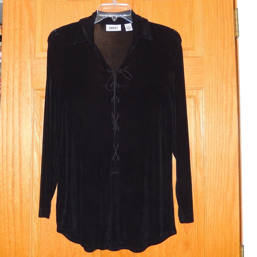 Chico's Travelers Black Lace Up Blouse Top 0 Small